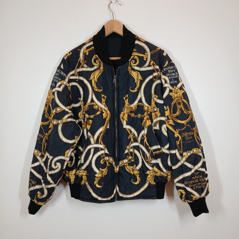 Hermes Vtg Bomber Jacket Men FR48 Silk Reversible L'Instruction du Roy Quilted
